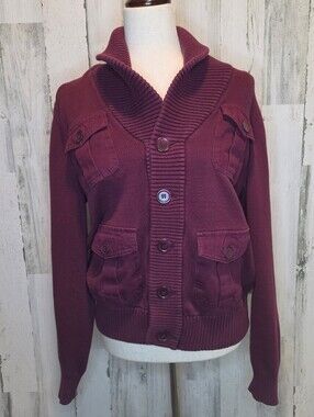 Vintage GUESS Burgundy Military Cardigan Jacket Cargo Pockets Y2K Women M